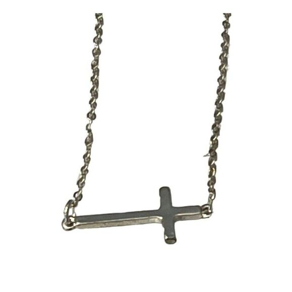 Silver Tone Sideways Cross Necklace Rhinestones 18” Religious Dainty New Gift - Picture 4 of 6